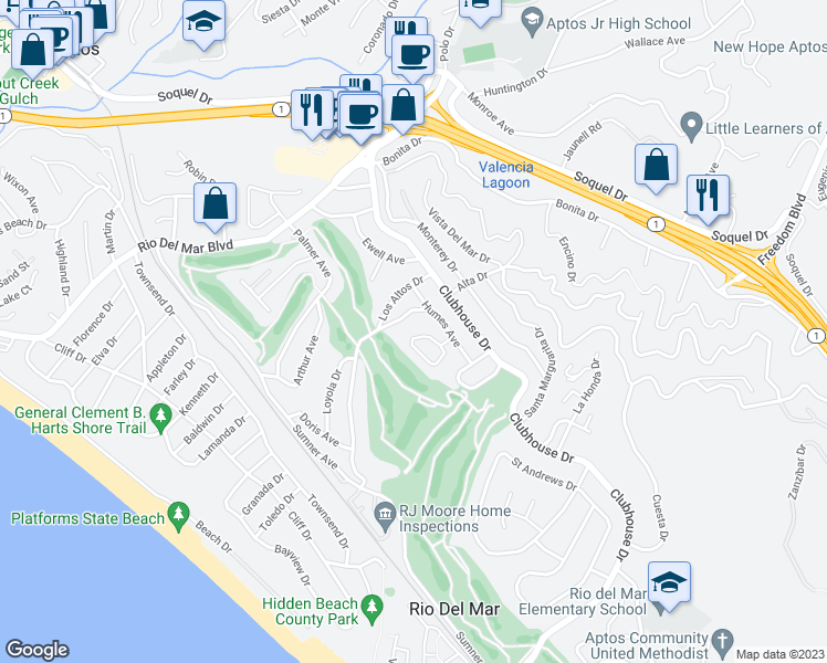 map of restaurants, bars, coffee shops, grocery stores, and more near 418 Semple Avenue in Aptos