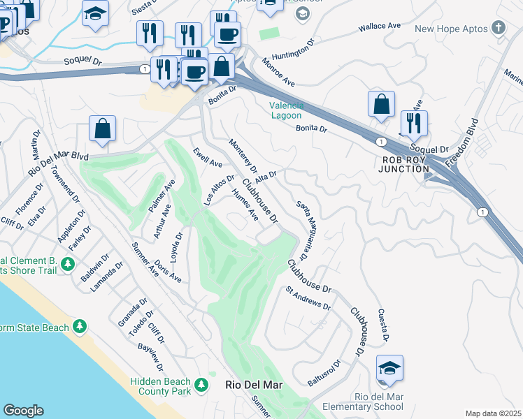map of restaurants, bars, coffee shops, grocery stores, and more near 538 Clubhouse Drive in Aptos
