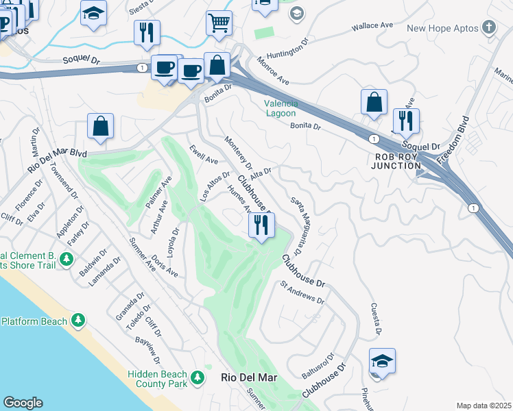 map of restaurants, bars, coffee shops, grocery stores, and more near 538 Clubhouse Drive in Aptos