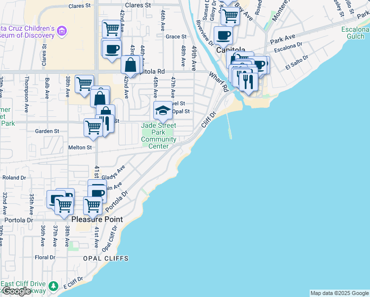 map of restaurants, bars, coffee shops, grocery stores, and more near 750 47th Avenue in Capitola
