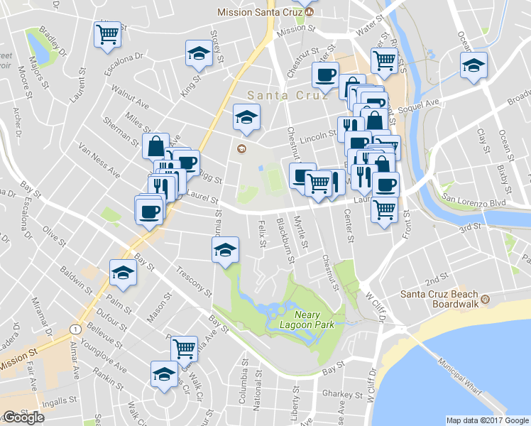 map of restaurants, bars, coffee shops, grocery stores, and more near 821 Laurel Street in Santa Cruz