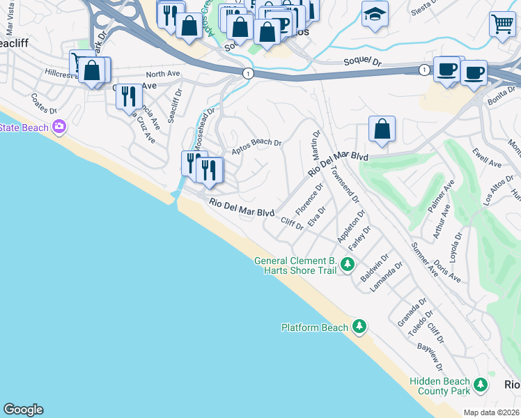 map of restaurants, bars, coffee shops, grocery stores, and more near 211 Earl Court in Aptos