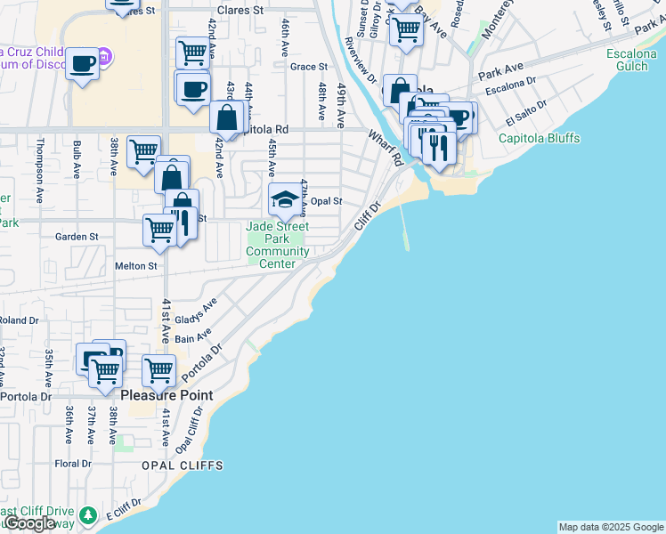 map of restaurants, bars, coffee shops, grocery stores, and more near 4840 Cliff Drive in Capitola