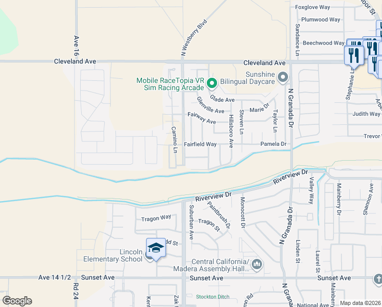 map of restaurants, bars, coffee shops, grocery stores, and more near 3255 Hollow Avenue in Madera