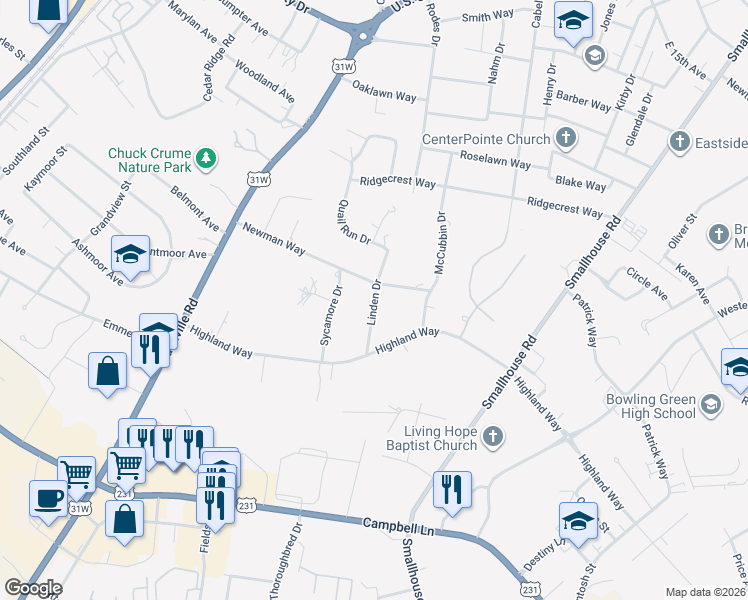 map of restaurants, bars, coffee shops, grocery stores, and more near Linden Drive in Bowling Green