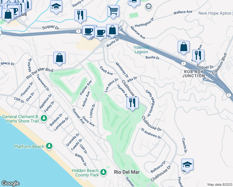 map of restaurants, bars, coffee shops, grocery stores, and more near 416 Semple Avenue in Aptos
