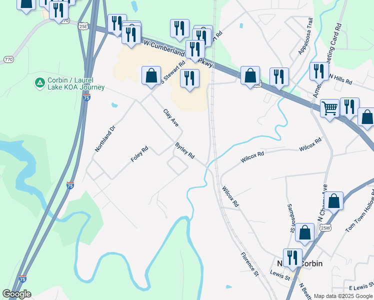 map of restaurants, bars, coffee shops, grocery stores, and more near 244 Clay Avenue in Corbin