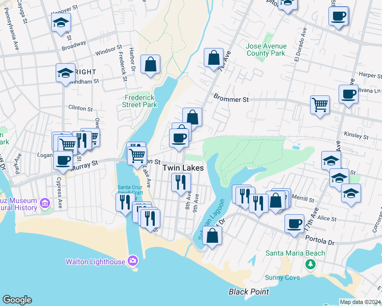 map of restaurants, bars, coffee shops, grocery stores, and more near 166 Harbor Beach Court in Santa Cruz