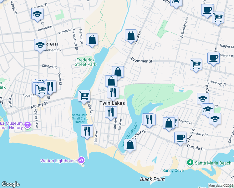 map of restaurants, bars, coffee shops, grocery stores, and more near 166 Harbor Beach Court in Santa Cruz