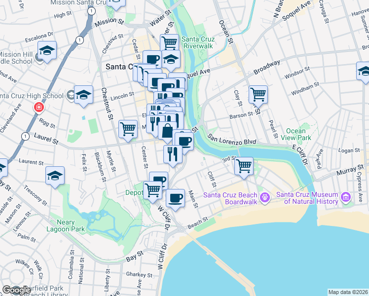 map of restaurants, bars, coffee shops, grocery stores, and more near 123 Spruce Street in Santa Cruz