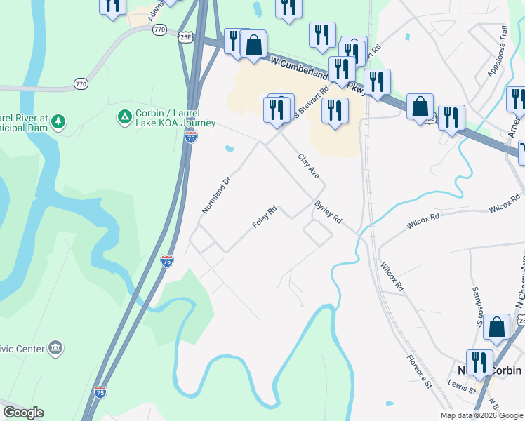 map of restaurants, bars, coffee shops, grocery stores, and more near 207 Foley Road in Corbin