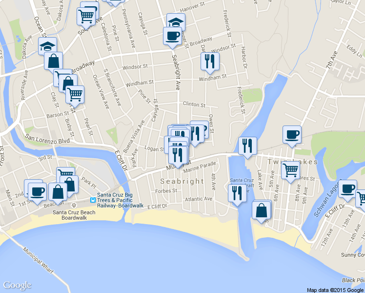 map of restaurants, bars, coffee shops, grocery stores, and more near 209 Bronson Street in Santa Cruz