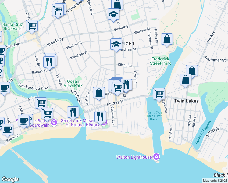 map of restaurants, bars, coffee shops, grocery stores, and more near in Santa Cruz