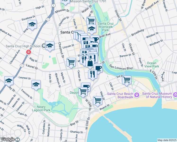 map of restaurants, bars, coffee shops, grocery stores, and more near in Santa Cruz