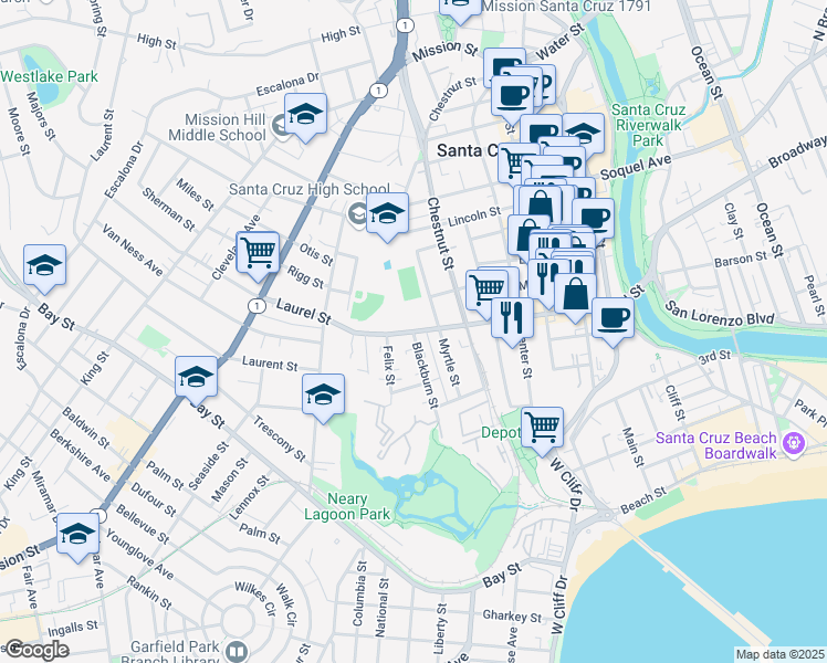 map of restaurants, bars, coffee shops, grocery stores, and more near 211 Myrtle Street in Santa Cruz
