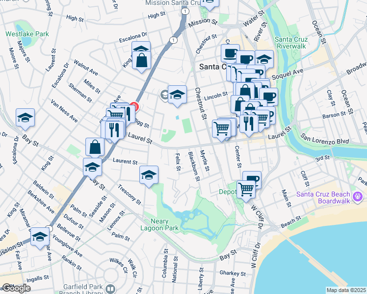 map of restaurants, bars, coffee shops, grocery stores, and more near 821 Laurel Street in Santa Cruz