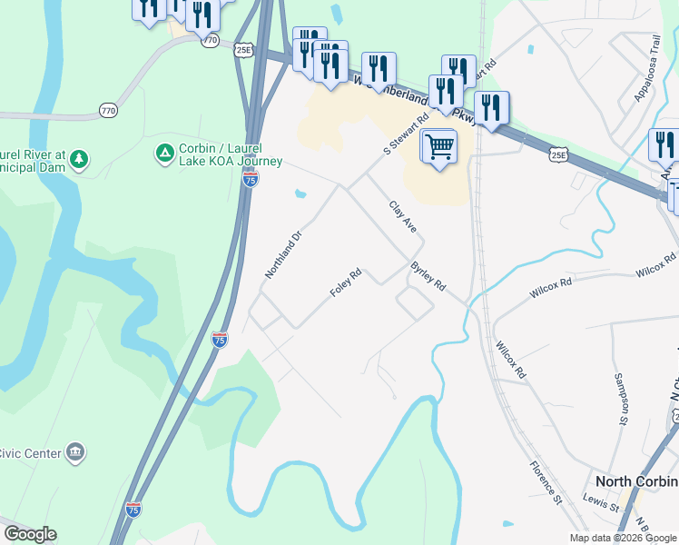 map of restaurants, bars, coffee shops, grocery stores, and more near 207 Foley Road in Corbin