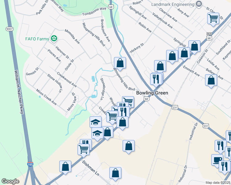 map of restaurants, bars, coffee shops, grocery stores, and more near 125 Hillridge Court in Bowling Green