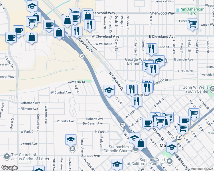 map of restaurants, bars, coffee shops, grocery stores, and more near 940 Terrace Place in Madera County