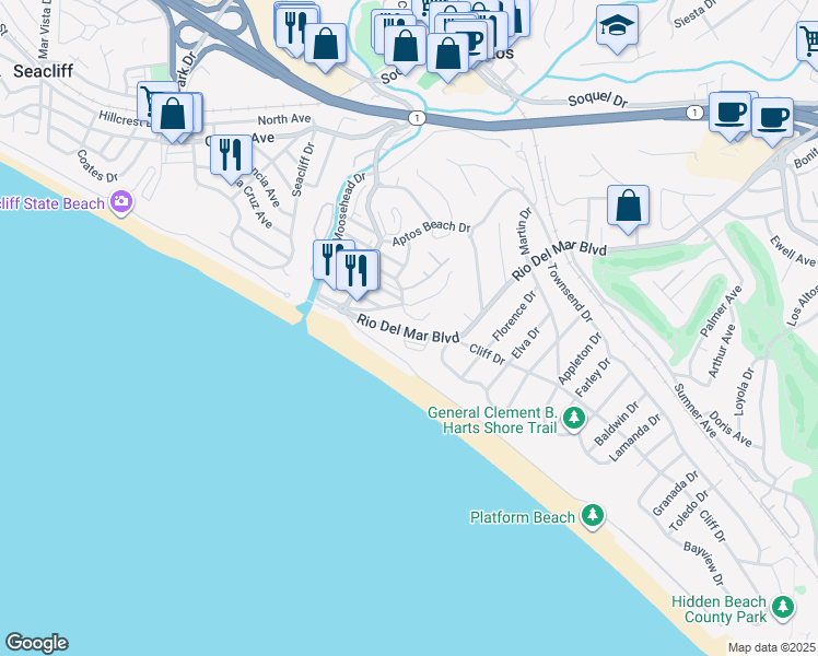 map of restaurants, bars, coffee shops, grocery stores, and more near 247 Rio Del Mar Boulevard in Aptos
