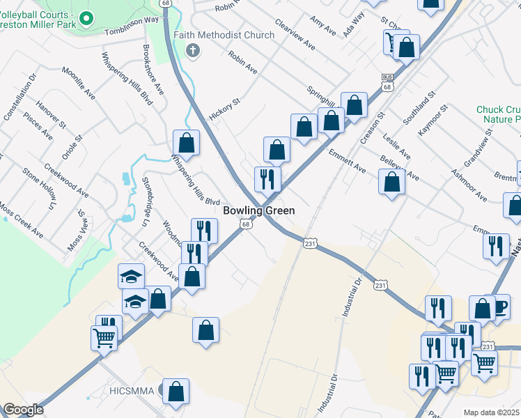 map of restaurants, bars, coffee shops, grocery stores, and more near 2401 Russellville Road in Bowling Green