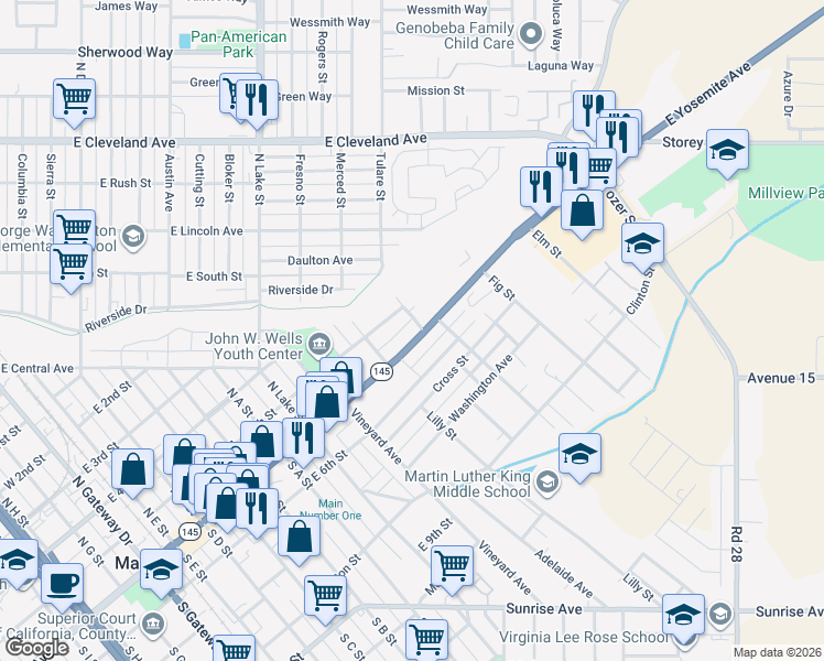 map of restaurants, bars, coffee shops, grocery stores, and more near 935 East Yosemite Avenue in Madera