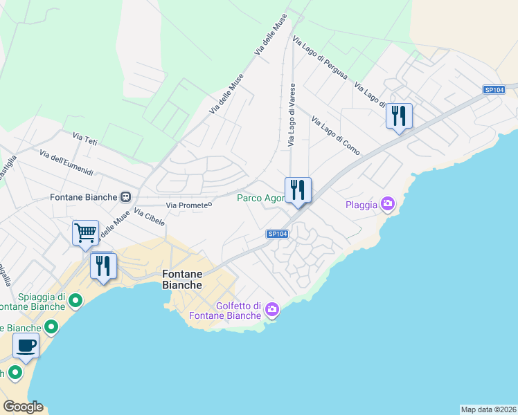 map of restaurants, bars, coffee shops, grocery stores, and more near Via Lago Trasimeno in Fontane Bianche