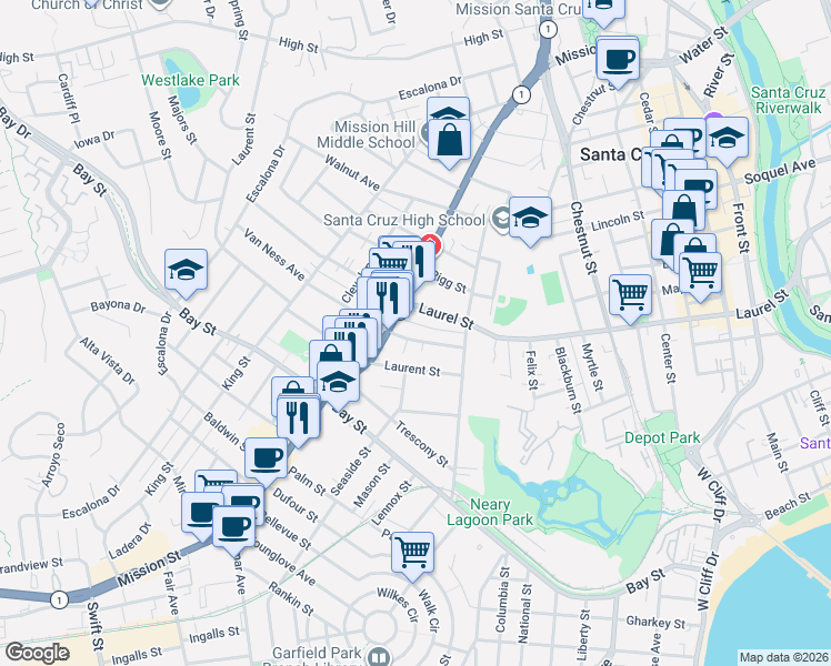 map of restaurants, bars, coffee shops, grocery stores, and more near 144 Van Ness Avenue in Santa Cruz