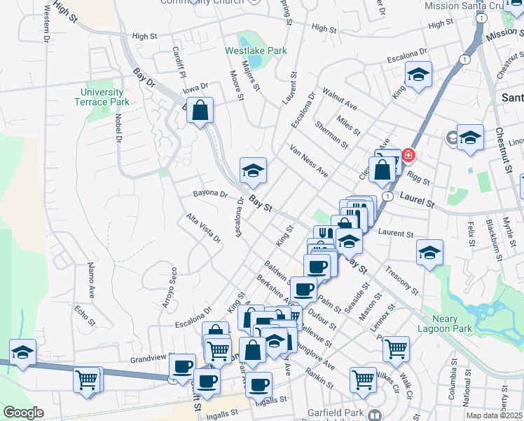 map of restaurants, bars, coffee shops, grocery stores, and more near 1719 Bay Street in Santa Cruz