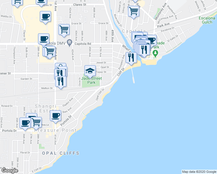 map of restaurants, bars, coffee shops, grocery stores, and more near 4840 Cliff Drive in Capitola
