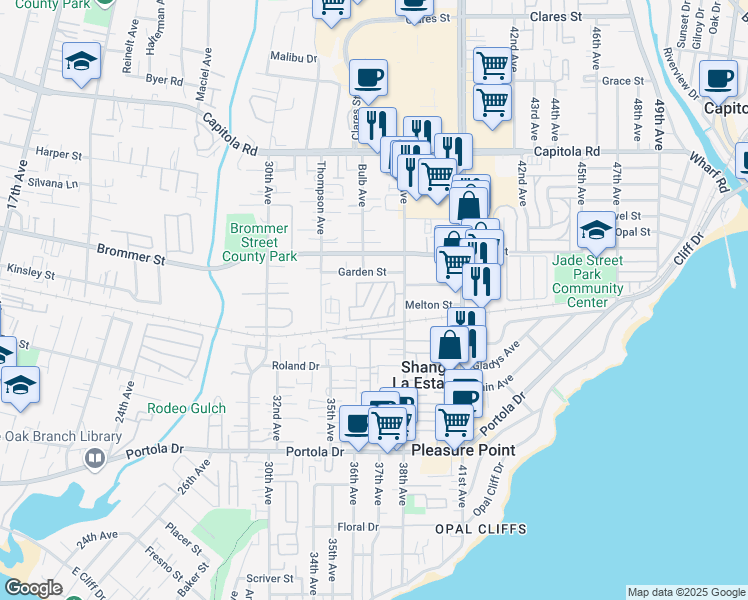 map of restaurants, bars, coffee shops, grocery stores, and more near 1255 38th Avenue in Santa Cruz
