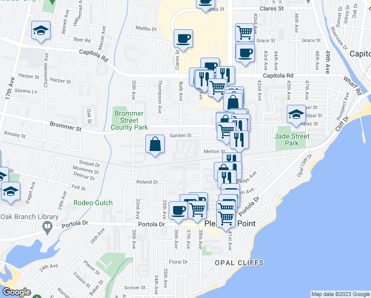 map of restaurants, bars, coffee shops, grocery stores, and more near 1255 38th Avenue in Santa Cruz