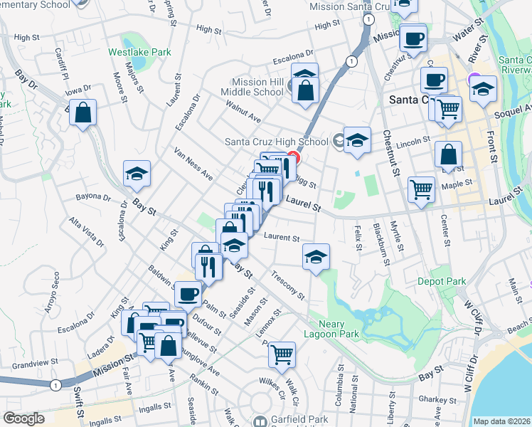 map of restaurants, bars, coffee shops, grocery stores, and more near Mission St & Van Ness Ave in Santa Cruz