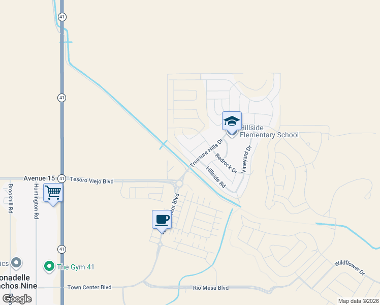 map of restaurants, bars, coffee shops, grocery stores, and more near Hillside Road in Madera County