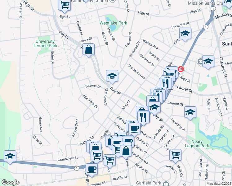 map of restaurants, bars, coffee shops, grocery stores, and more near 1719 Bay Street in Santa Cruz