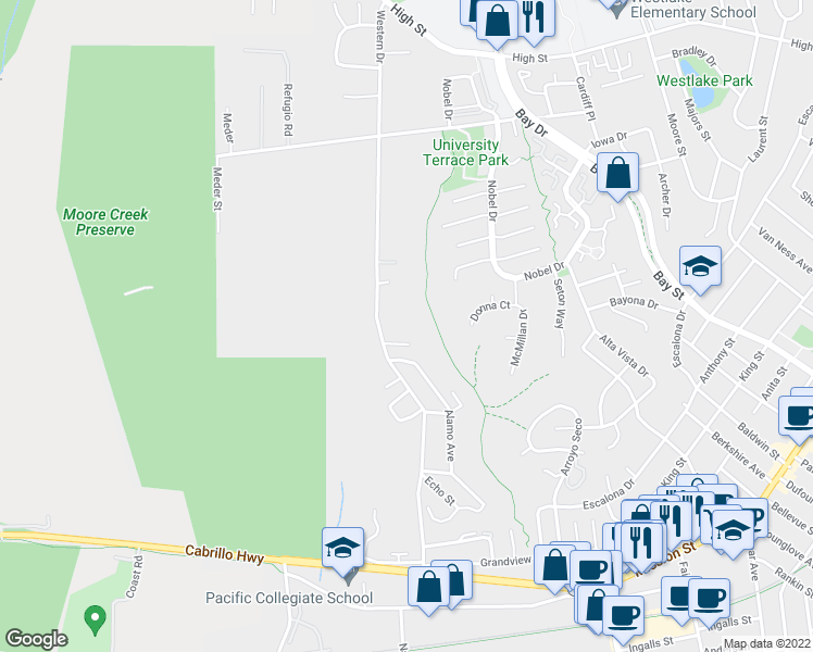 map of restaurants, bars, coffee shops, grocery stores, and more near 630 Western Drive in Santa Cruz