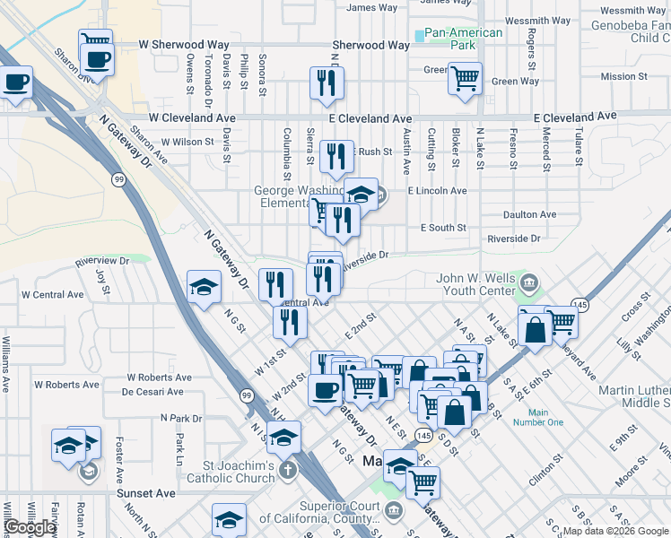 map of restaurants, bars, coffee shops, grocery stores, and more near 709 North D Street in Madera