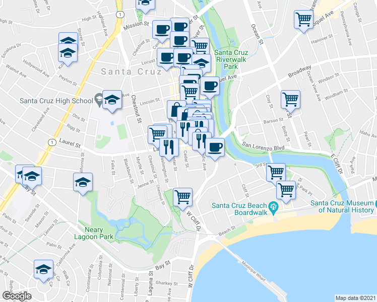 map of restaurants, bars, coffee shops, grocery stores, and more near 309 Laurel Street in Santa Cruz