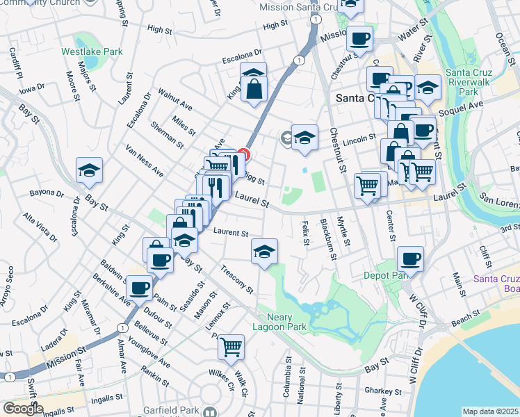 map of restaurants, bars, coffee shops, grocery stores, and more near 1113 Laurel Street in Santa Cruz