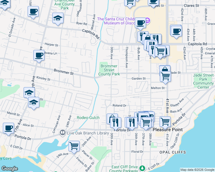 map of restaurants, bars, coffee shops, grocery stores, and more near 2908 Sandy Lane in Santa Cruz