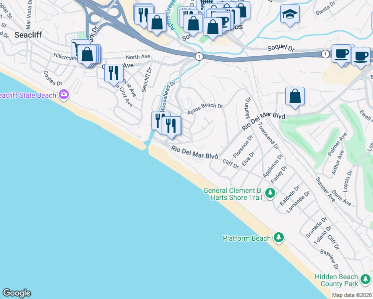 map of restaurants, bars, coffee shops, grocery stores, and more near 229 Rio Del Mar Boulevard in Aptos