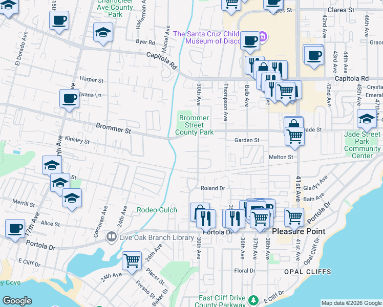 map of restaurants, bars, coffee shops, grocery stores, and more near 2908 Sandy Lane in Santa Cruz
