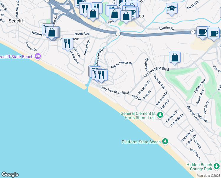 map of restaurants, bars, coffee shops, grocery stores, and more near 124 Venetian Road in Aptos