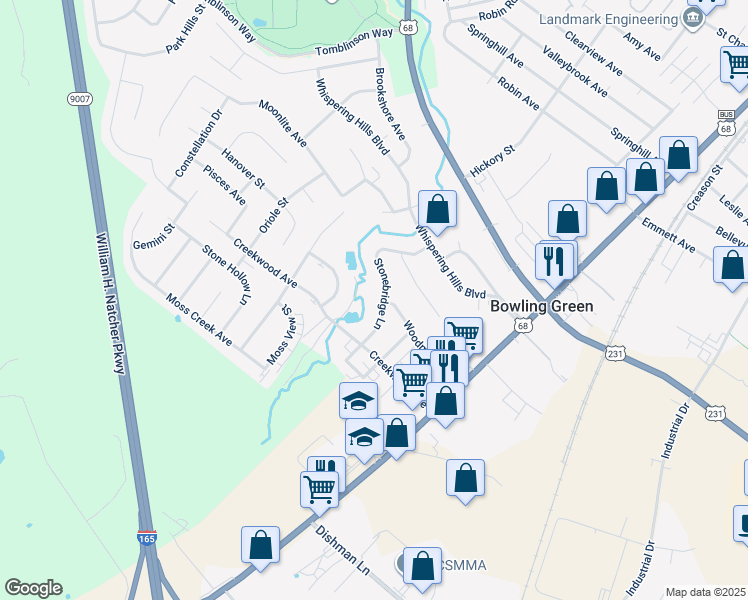 map of restaurants, bars, coffee shops, grocery stores, and more near 2505 Stonebridge Lane in Bowling Green
