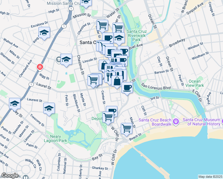 map of restaurants, bars, coffee shops, grocery stores, and more near 309 Laurel Street in Santa Cruz