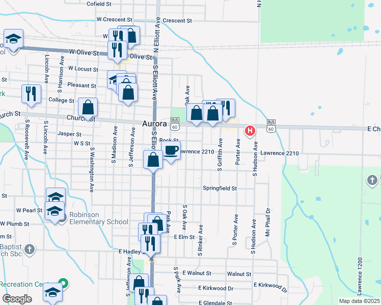 map of restaurants, bars, coffee shops, grocery stores, and more near 601-699 South Oak Avenue in Aurora