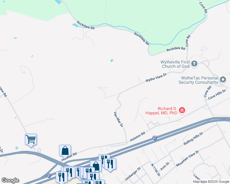 map of restaurants, bars, coffee shops, grocery stores, and more near 850 Wythe View Drive in Wytheville