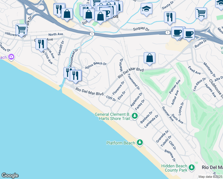 map of restaurants, bars, coffee shops, grocery stores, and more near 314 Rio Del Mar Boulevard in Aptos