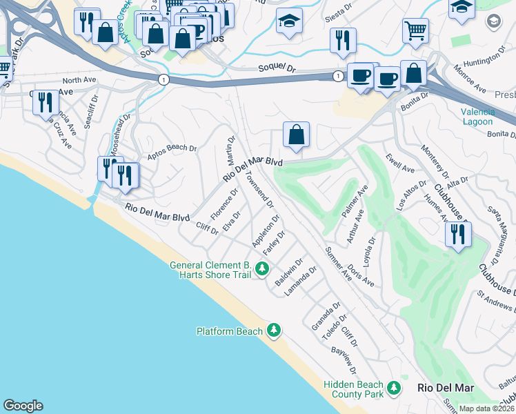 map of restaurants, bars, coffee shops, grocery stores, and more near 227 Kingsbury Drive in Aptos