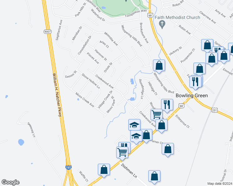 map of restaurants, bars, coffee shops, grocery stores, and more near 255 Creekwood Avenue in Bowling Green